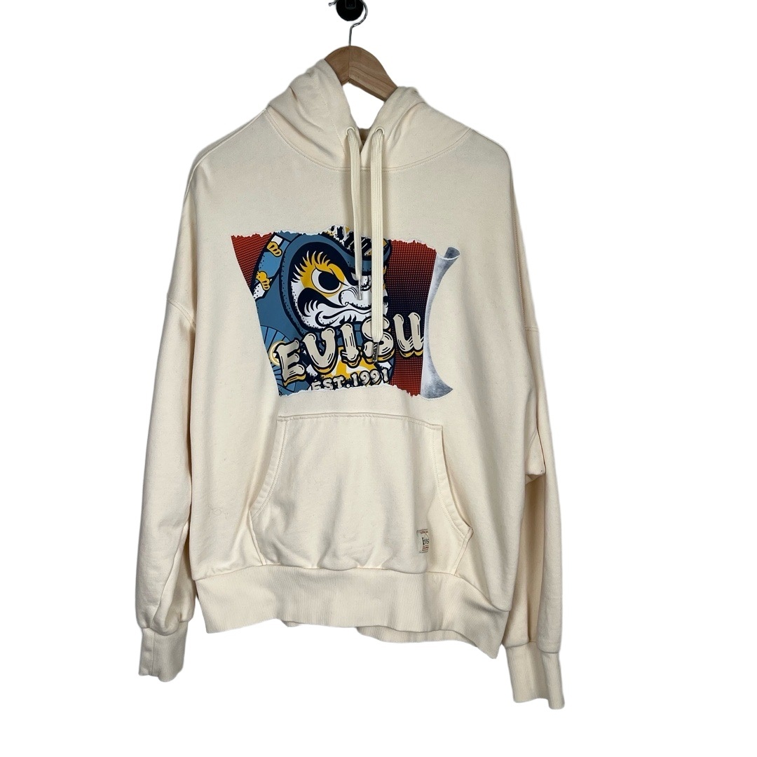 Evisu Pullover Hoodie Medium Cream Graphic Skater Collectible Streetwear Y2k